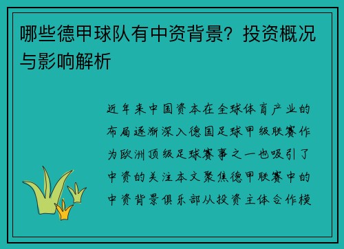哪些德甲球队有中资背景？投资概况与影响解析